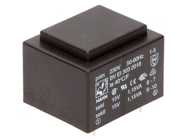 Transformator: ingegoten; 2,3VA; 230VAC; 15V; 15V; 76mA; 76mA; PCB Transformator: ingegoten; 2,3VA; 230VAC; 15V; 15V; 76mA; 76mA; PCB